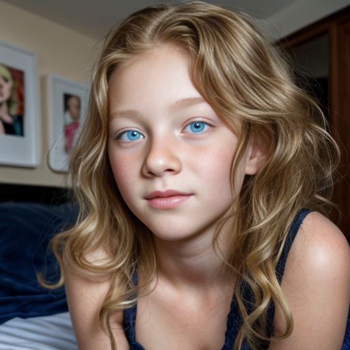 teen ,, , lifelike, portrait, highly detailed, , sharp focus, illustration, art by kittichai  and james gurney and alphonse mucha, ,  with curly blond hair and vibrant blue eyes, photorealistic, at her room, laying