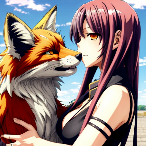 a hot anime girl fox with a big chest french kissing a goetia 