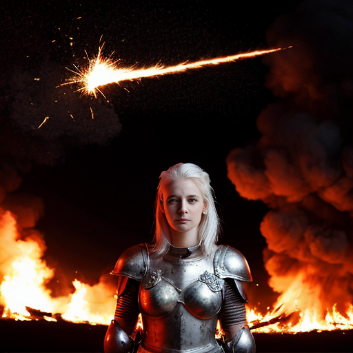 young, tall, white-haired woman in armor stands in front of a burning castle into which meteorites are falling.
