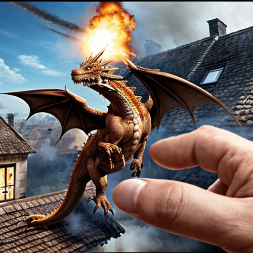 Draw me a mythological dragon flying through the sky above a village, breathing fire on the houses