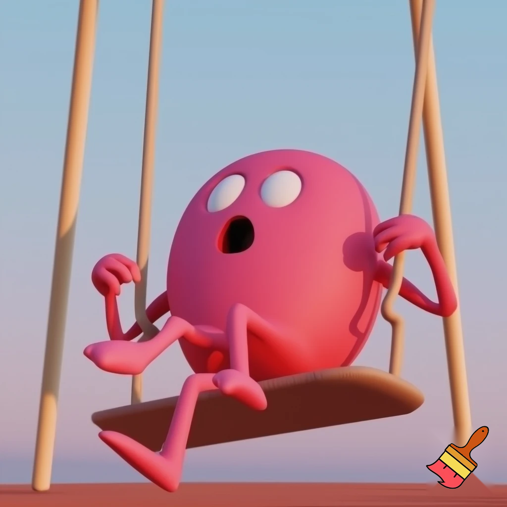 simple 2D cartoon character style, clean shapes, exaggerated expressions, thin noodle arms and legs, large oval eyes, flat shading, pastel background colors, soft outlines, smooth line-art, minimal details, kid-friendly comedic style, scene in a playground, characters sitting on a swing, one character in the foreground reacting with a shocked exaggerated face, frame composition similar to animated story cartoons