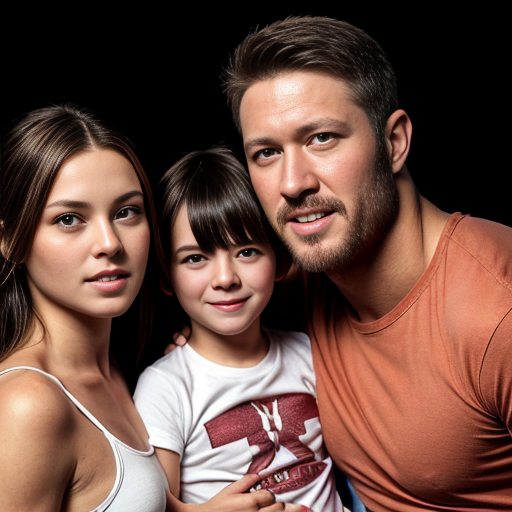 make me a family of 5, make the dad have dark brown hair and somewhat muscley and make the kids 2 years old, 3 years old, and 14 years old, make the 2-year-old a girl, make the 3-year-old a boy and make the 14-year-old a boy.