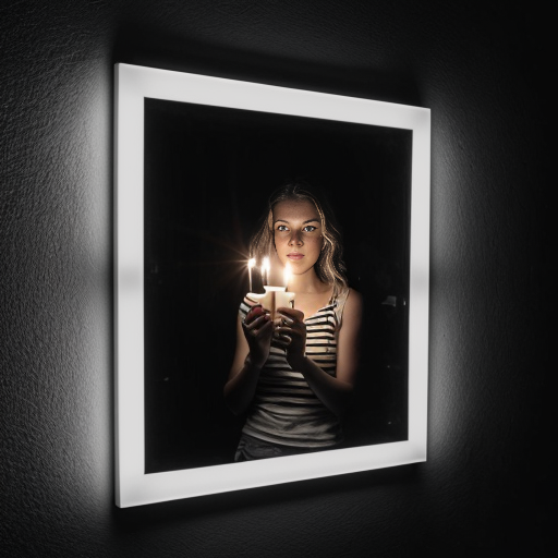 creates an image of a room in complete darkness; on the wall there is a mirror where you can see a woman holding a candle; black and white images in a photographic and hyperrealistic style