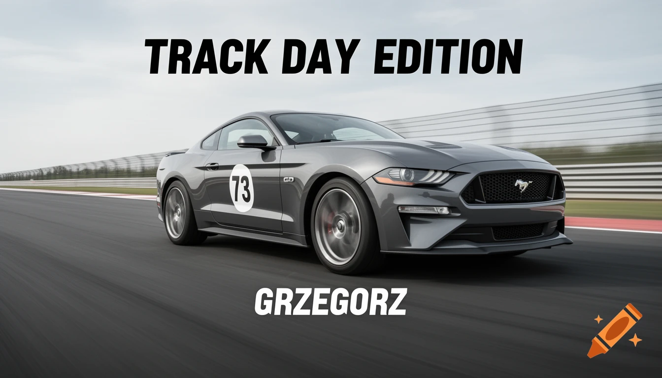grey Ford Mustang GT S550 racing on track, front 3/4 view, light motion blur background, car sharp and glossy, white roundel with black number 73 on the door, top text “TRACK DAY EDITION”, bottom text “GRZEGORZ” in bold racing font, dynamic composition, high contrast
