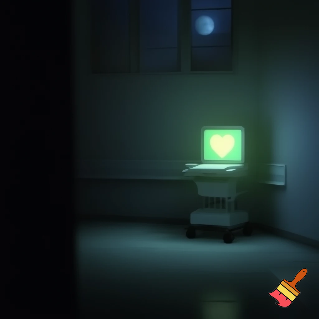 Dark hospital room, night, faint light, heart monitor glowing	