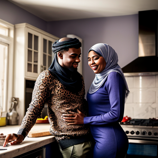 scene vraie, photo realiste de femme arabe, ronde, en hijab, longue lace-up robe leopard, talons à aiguille, bas filets de peche, avec son amant homme africain noir en pull bleu la touche sensuellement, son conjont arabe, les admirent à la cusine