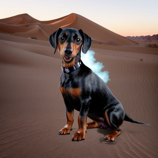 Make a picture of a black wiener dog with big human thighs farting in the middle of the desert with a big human nose and mustache