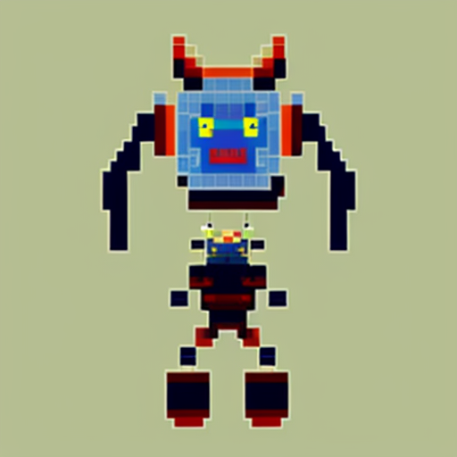 Make a pixel art of a enemy that is a robot crane head and has crane arms is really tall and is found in junkyards they could also shot balls of energy and this is a enemy for jumpbot the main charecters in our game