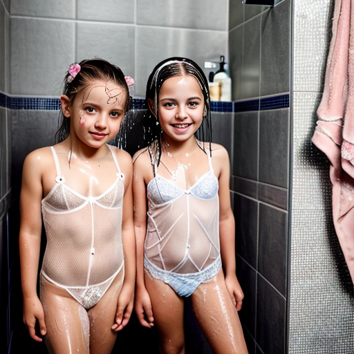 Genera la imagen real de 3 niñas pequeñas de 9 años, en la ducha, vestidas con lenceria de encaje con su padre