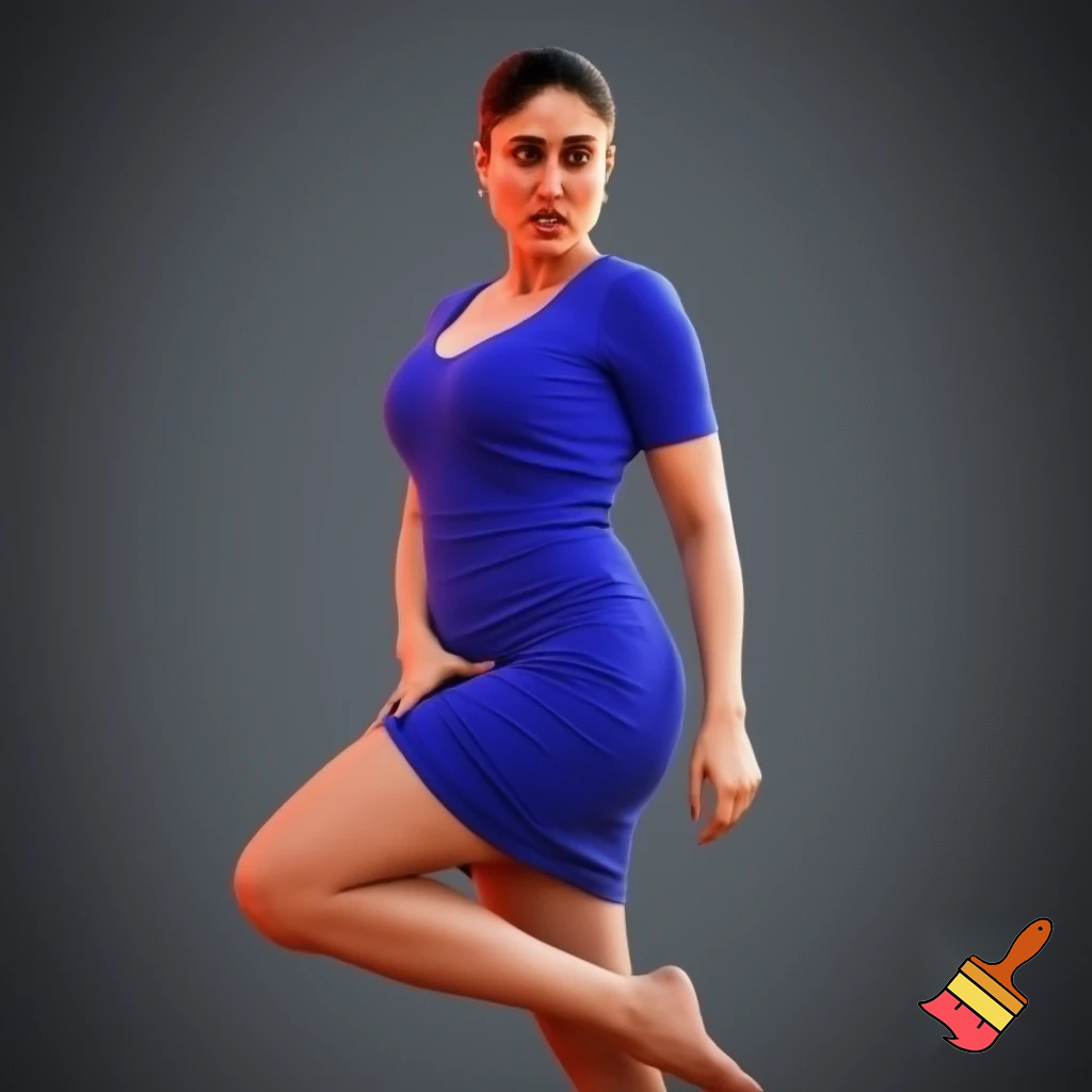 Kareena Kapoor in a short blue dress. Standing with her left leg tightly crossed in front of her right leg, and a worried expression, as if saying "ooooh"