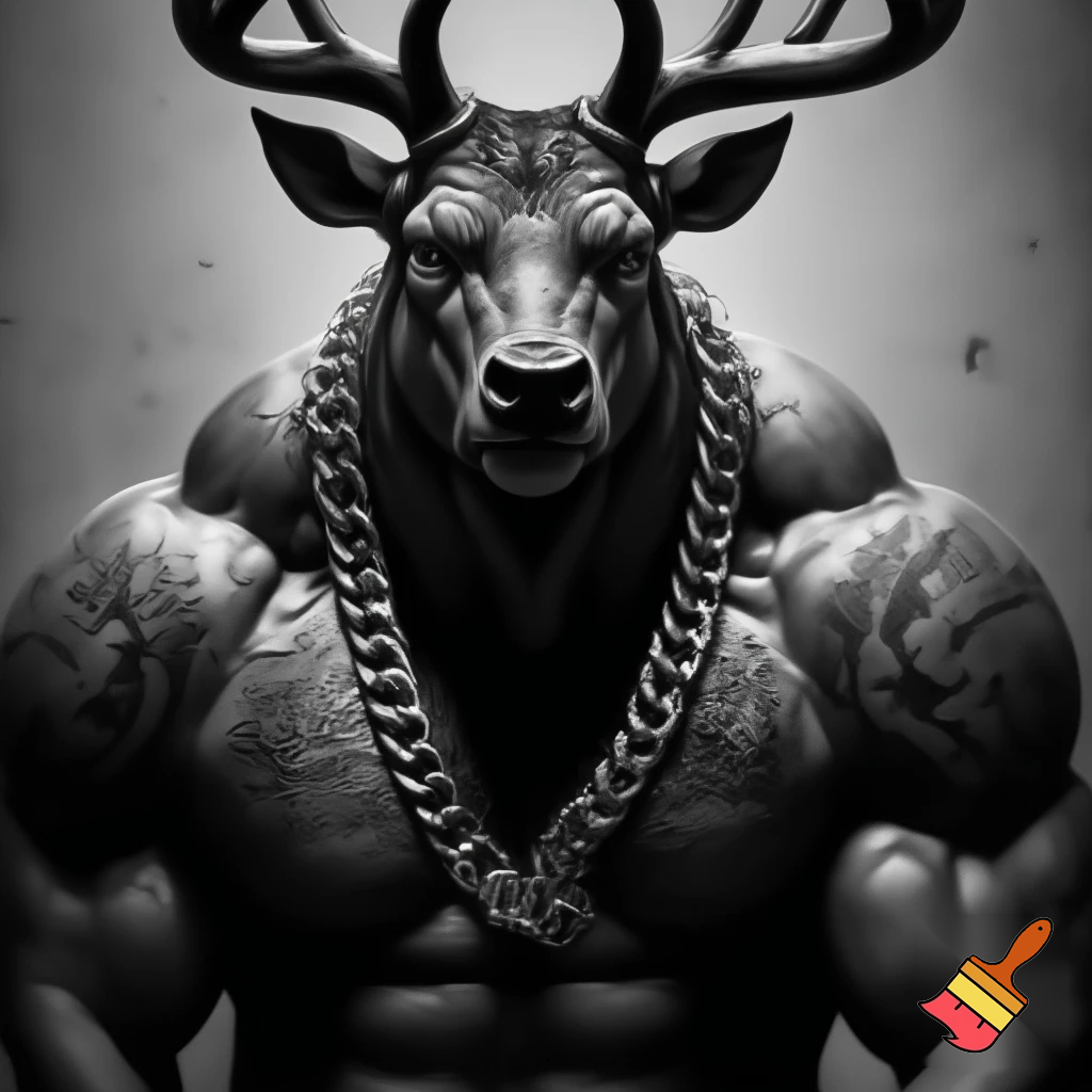 mugshot of a buff deer with goldchain and tatoos