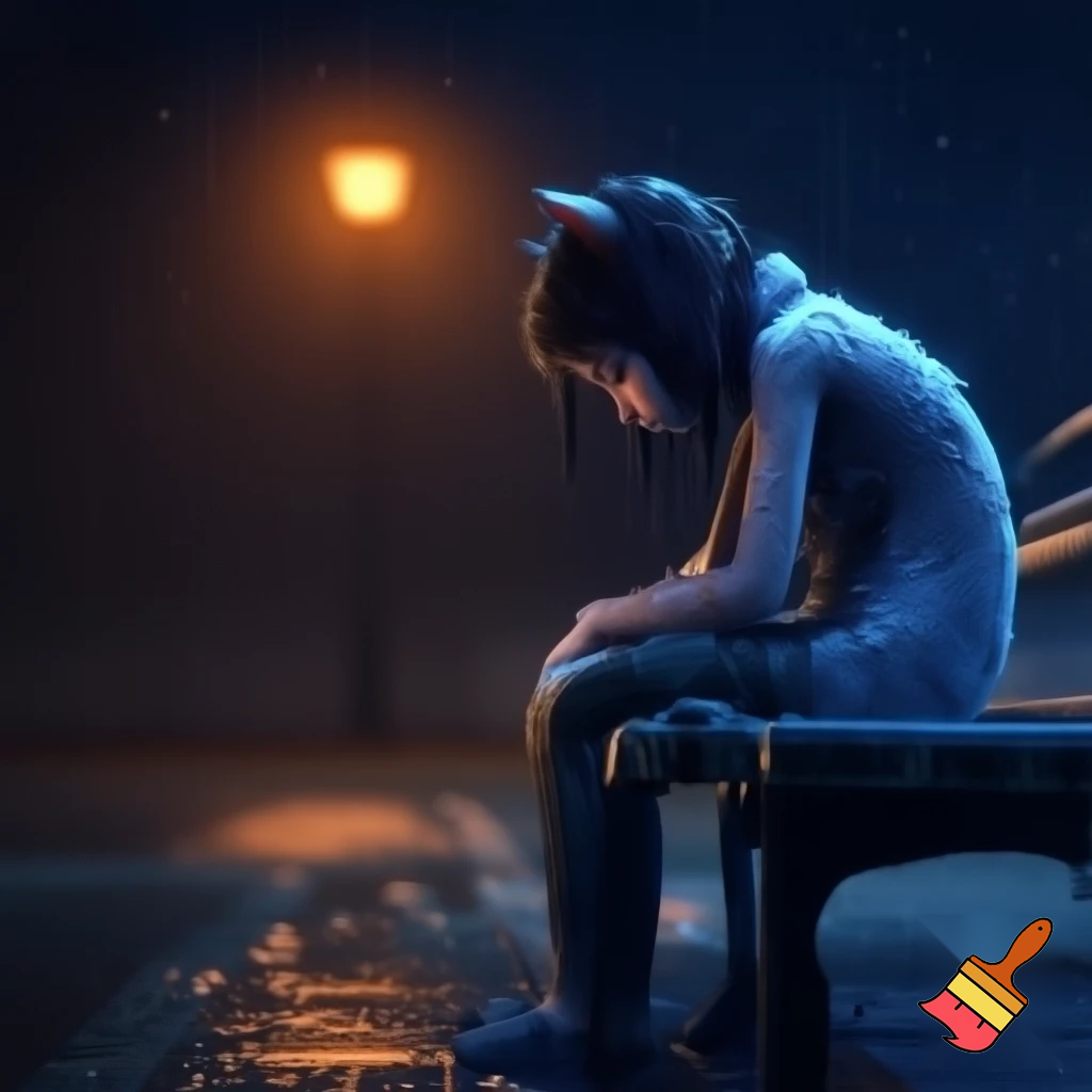 “3D cinematic shot of the cat-girl sitting on a street bench under a dim streetlight, drenched clothes, soft raindrops on fur, eyes downward, emotional mood, dark blue night tone, high detail, same character face and dress.”
