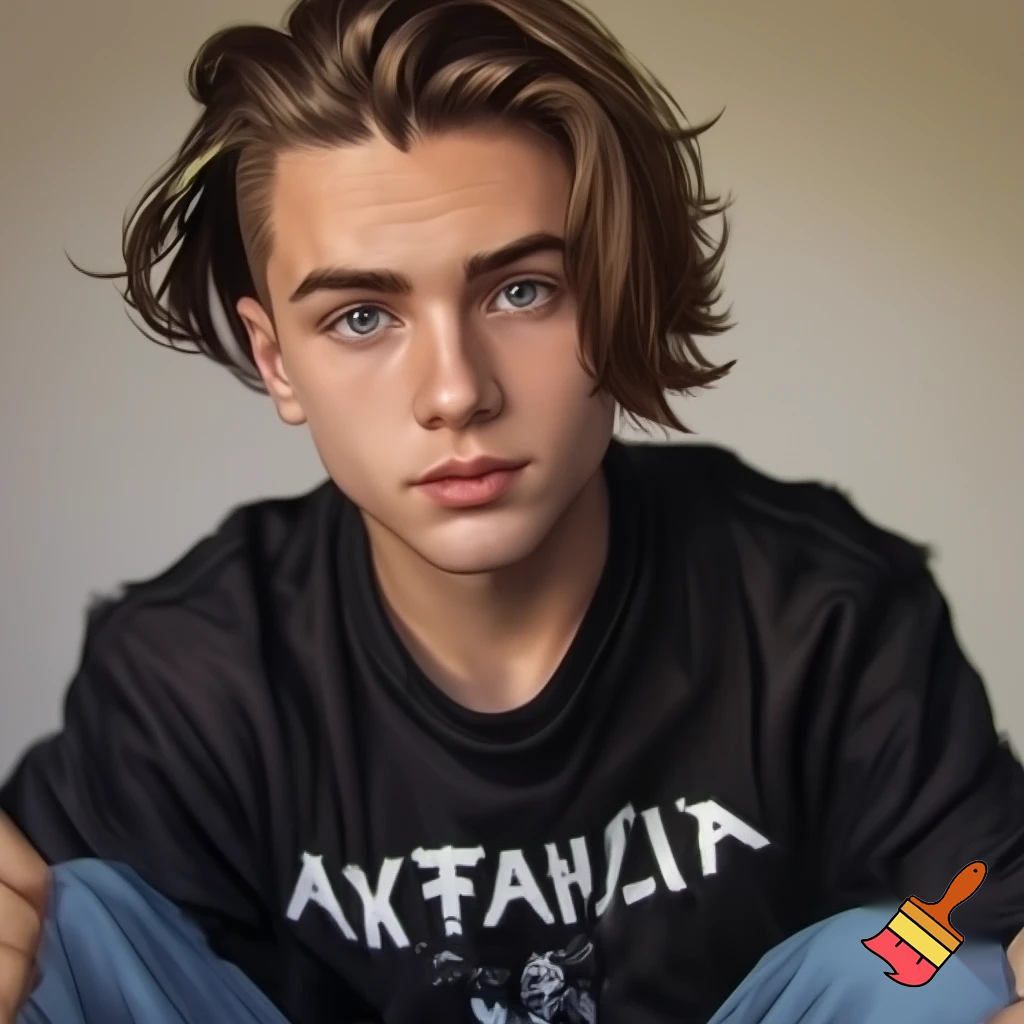 noah dier, a regular teenage boy with brow hair slightly long on top with shaves sides and big eyebrows and close set blue eyes and a big circular nose with a metallica shirt and jeans with a pear shaped face