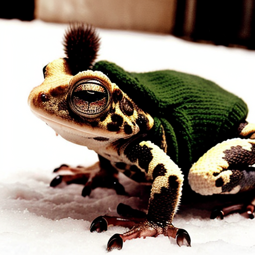 A laughable, puzzled animal toad in woolen, multicoloured winter clothings with woolen winter cap. Hyperrealistic art style.