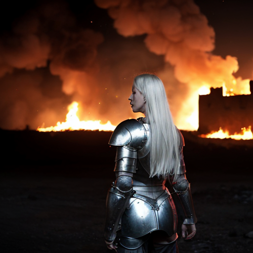 young white-haired woman in armor stands in front of a burning castle into which meteor are falling