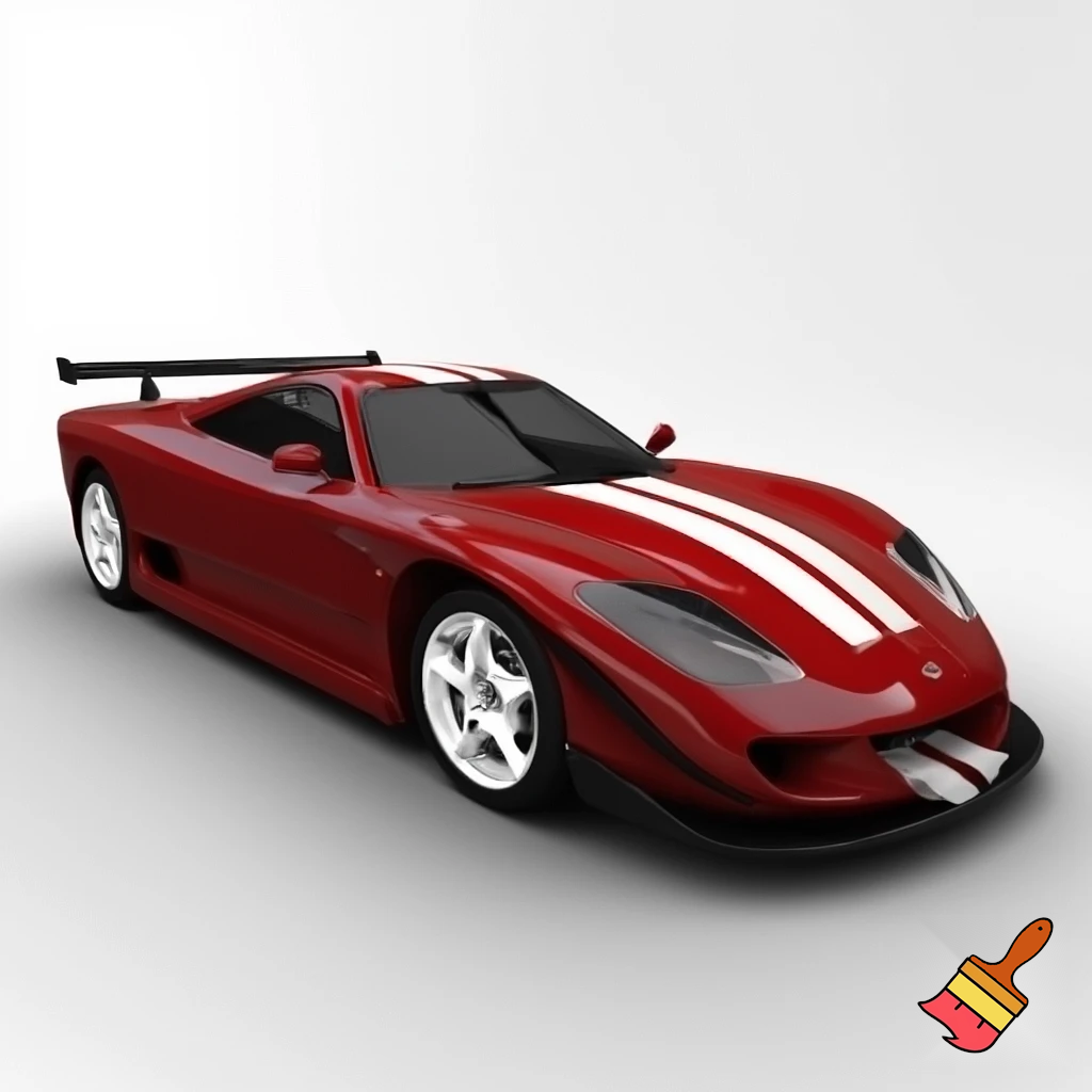 Red 2002 gemballa gtr 650 evo with white rims, white stripes, and black rear spoiler, in white background