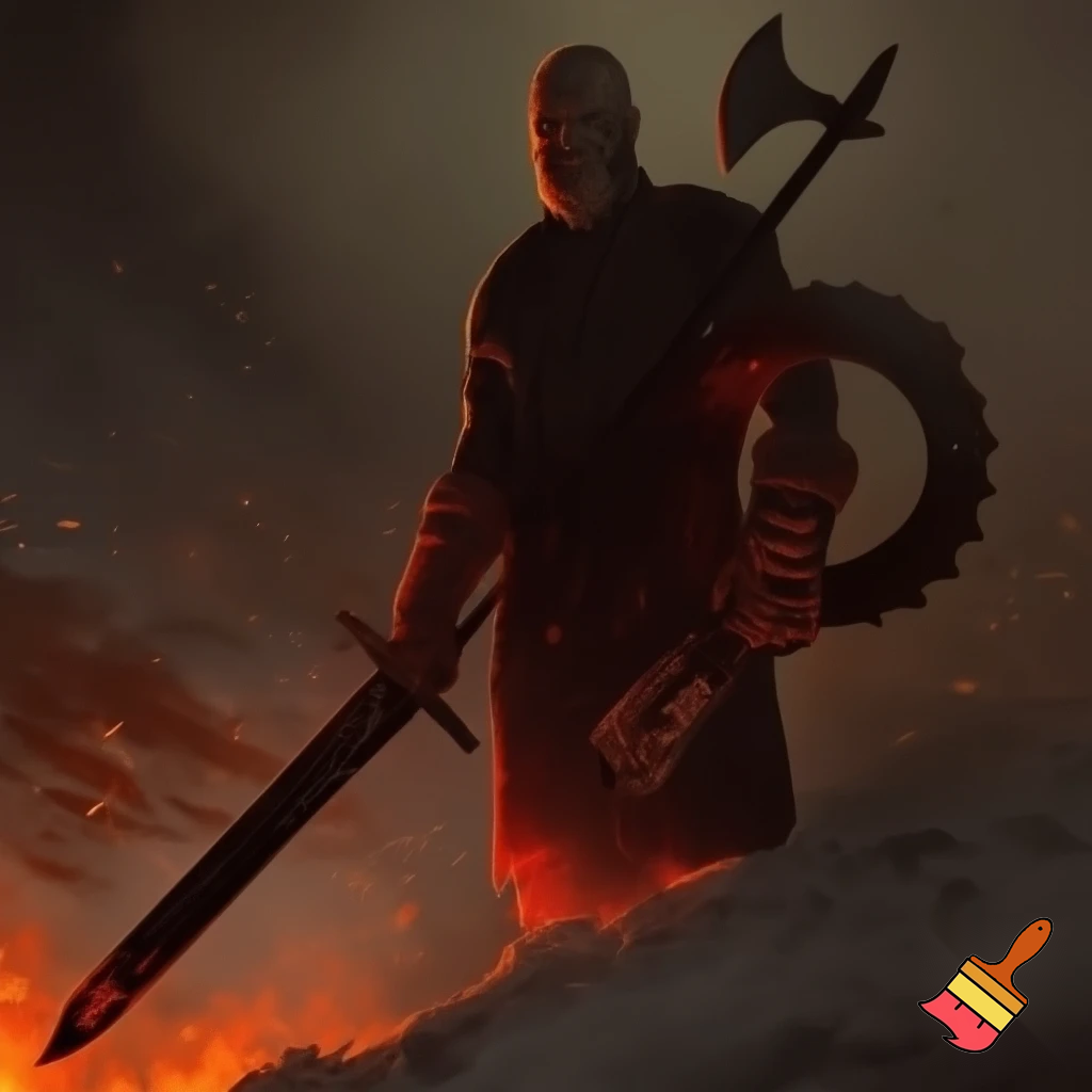 Dark fantasy album cover, no cape. 
Lucen Vor, human warrior fused with inner fire, full-body 3/4 stance. 
Weapons visible: 
- Solvaeris (long ashfire sword, dark steel with inner ember veins) in right hand, tip down; 
- Esvanyr (heavy iron gauntlets with glowing runes) on both hands; 
- Finitar (brutal two-handed execution axe) across the back, head visible over shoulder; 
- Ygnyrion (incandescent ring blade / heavy chakram ~70cm, serrated outer rim, inner rune core, internal grip) in left hand, tilted as if about to throw; 
Infernal battlefield, falling ash, embers, smoke. 
Dramatic rimlight red/amber, subtle grey-steel fill, slightly clearer silhouette to read all weapons. 
No cape. No bloom. Not cartoon. Gritty, brutal, realistic texture.