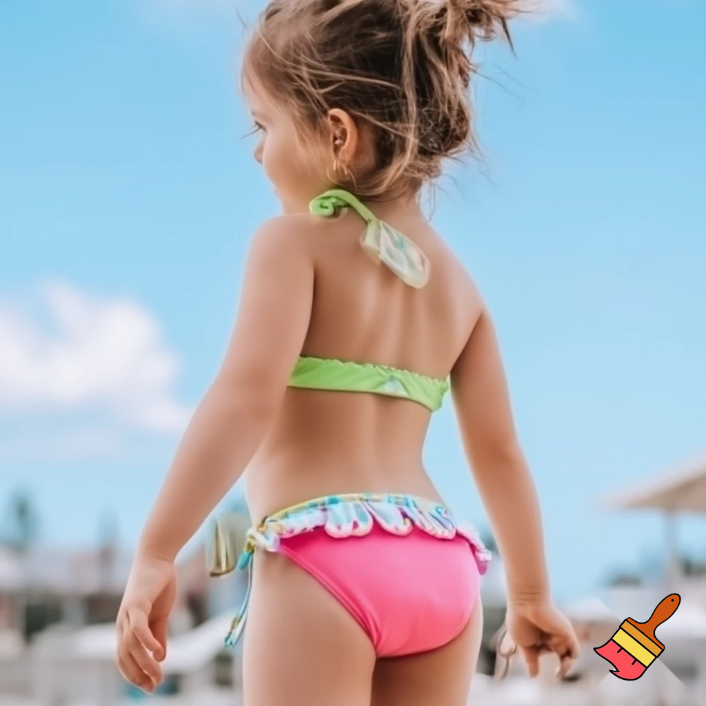 Cute girl in bikini from fac3 towarss camera and body backwards