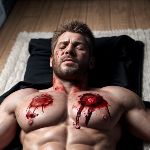 shirtless random man (neighbor, not everyone has 6 pack.), face are hiding by shirt, dead already (due shotgun), chest are open wounded circle, blood everywhere, gibs everywhere, ribs are broke in chest, eye closed, floor (on random place like empty place) on corpse body, lying down on floor.