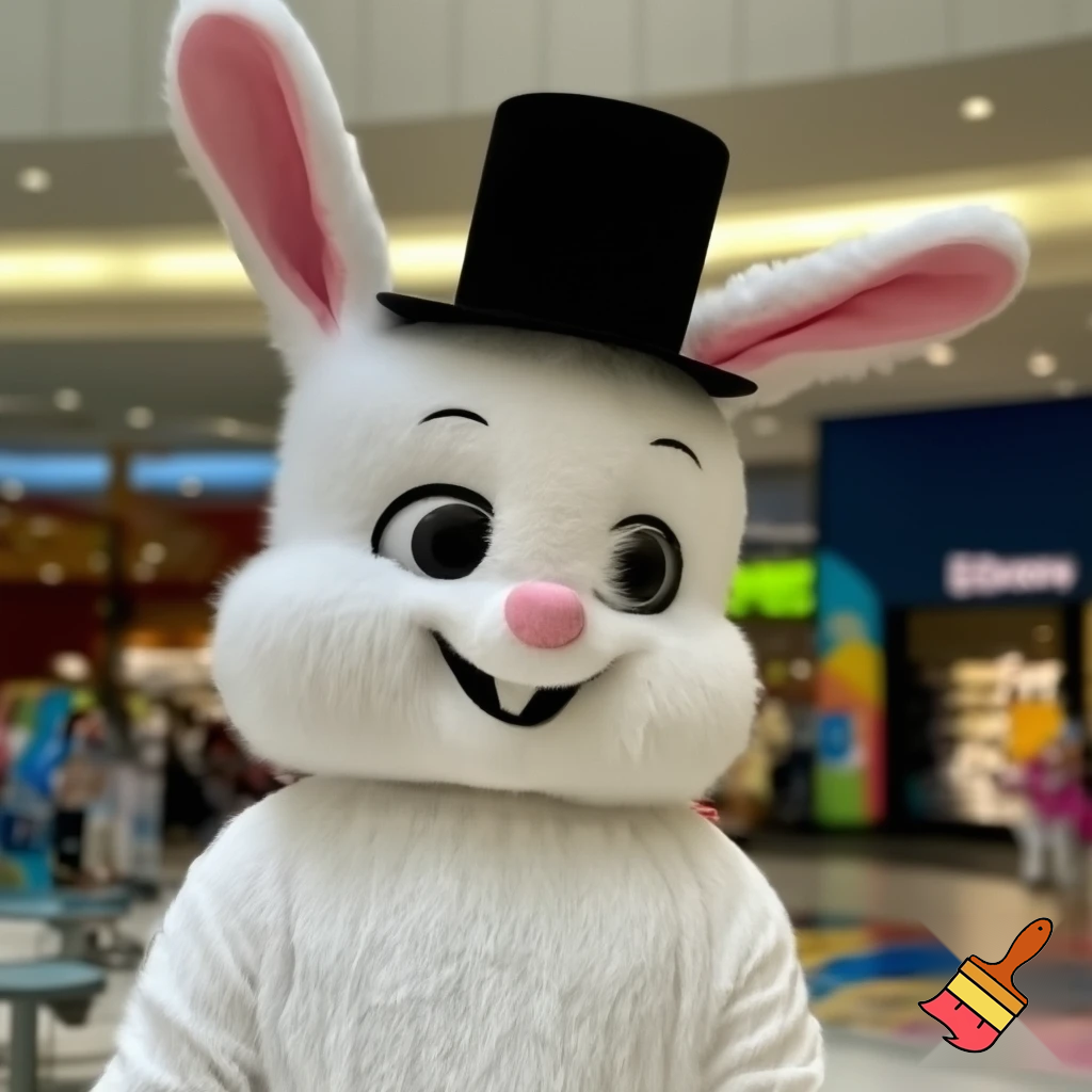 Easter bunny mascot top hat at the shopping centre mascot costume Darrell Lea magic room