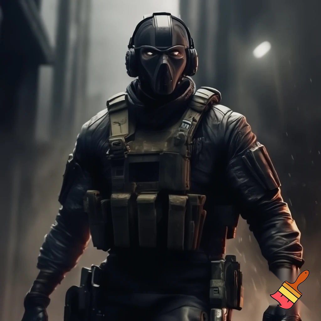 A swat soldier wearing moder gear with his fase coevr with a mask. full figure
