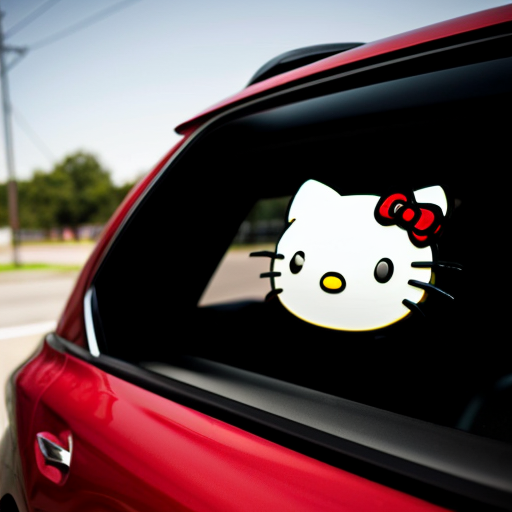 Ultra-realistic 2016 red Nissan Rogue SUV, front three-quarter view on bright sunny asphalt, glossy chrome rims with small engraved Hello Kitty face and bow details catching sunlight, large shiny Hello Kitty decal centered perfectly on the hood only—pink face, black whiskers, red bow, no decal on windshield, roof, sides, or anywhere else, clean vinyl wrap, sharp 8k car photography, natural bokeh, no cartoon, no distortion