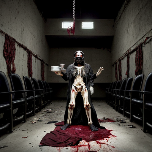 a grotesquely surreal tableau—an abandoned slaughterhouse repurposed into a deranged satanic banquet hall, where the concrete floor is slick with blood and strewn with rotting trash, discarded meat hooks dangling from rusted chains overhead. A skeletal priest in tattered vestments presides over a macabre feast, his hollow eyes glowing red as he raises a goblet filled with thick, black ichor, while around him, mutated revelers in tuxedos and gore-smeared evening gowns tear into human limbs arranged on silver platters like fine cuisine. Hazmat-suited figures loom in the shadows, their gas masks reflecting the flickering candlelight from upside-down crucifixes, their gloved hands clutching syringes dripping an unknown fluid. The walls pulse with fleshy, veined growths, and in the far corner, a still-twitching pile of flayed bodies writhes in unholy communion, their mouths sewn shut with barbed wire—a masterpiece of visceral body horror where decay and decadence collide.