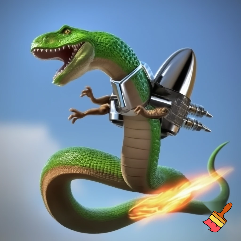 A snake with t-Rex arms and legs with a jetpack