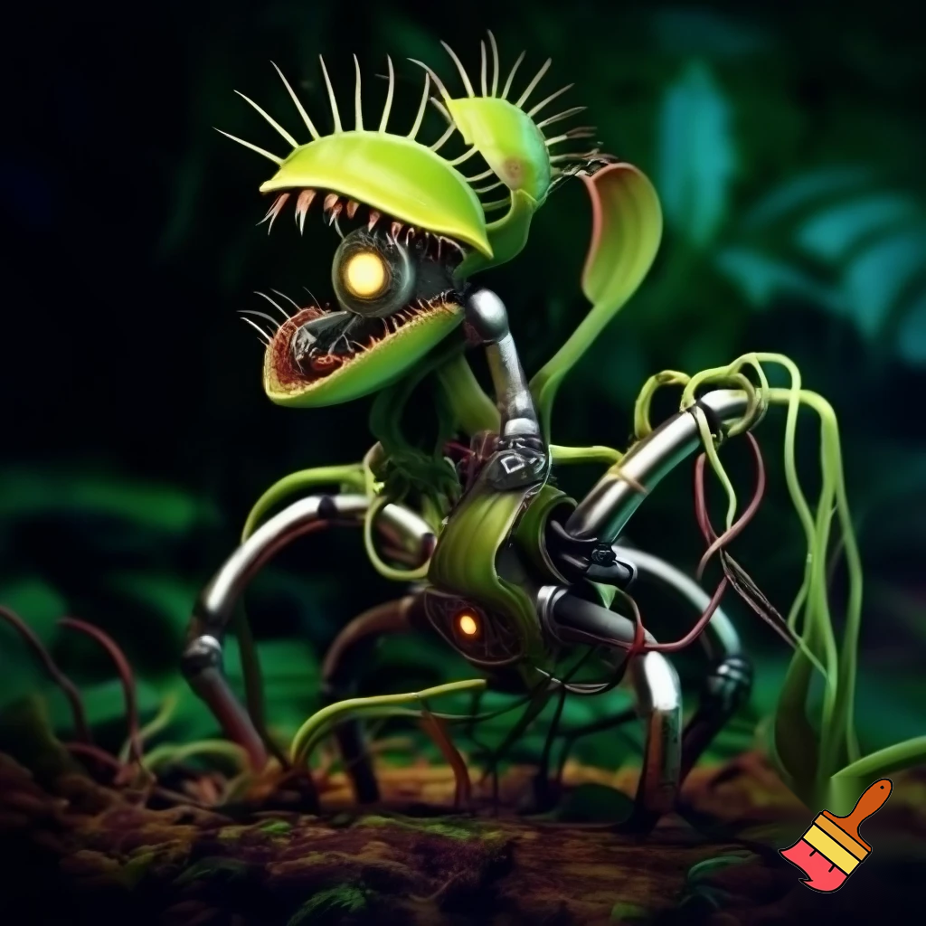 a venus venus flytrap with robotic eyes, and vine arms and legs