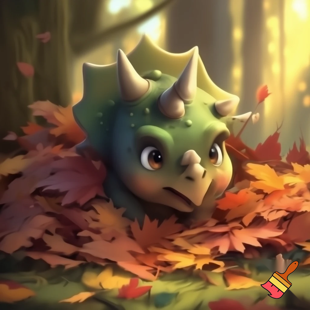 Draw a cute baby triceratops In the wild covering his head in a pile of leaves 