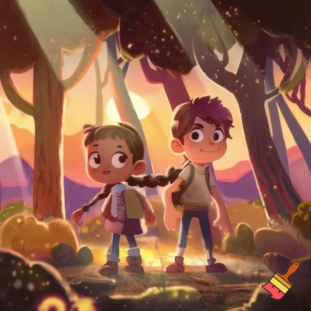 Two kids one girl one boy back to back in a forest sunset adventure  cartoon