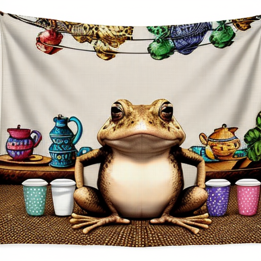 A hillarious, funny boho toad with some hippie colored coffee cups. Tapestry white background.
