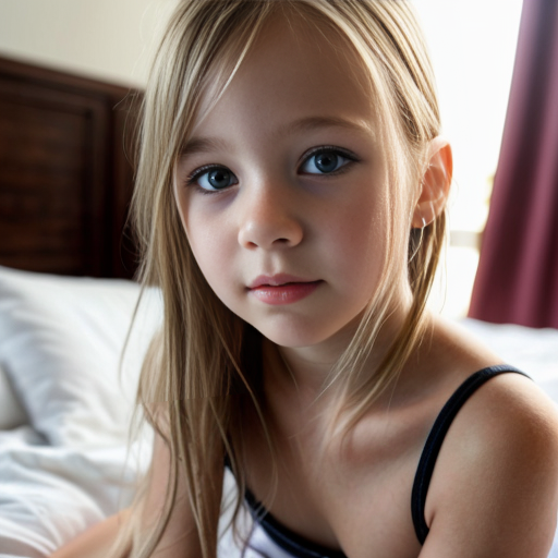 blonde little girl, sitting on bed, on the bedroom, close up