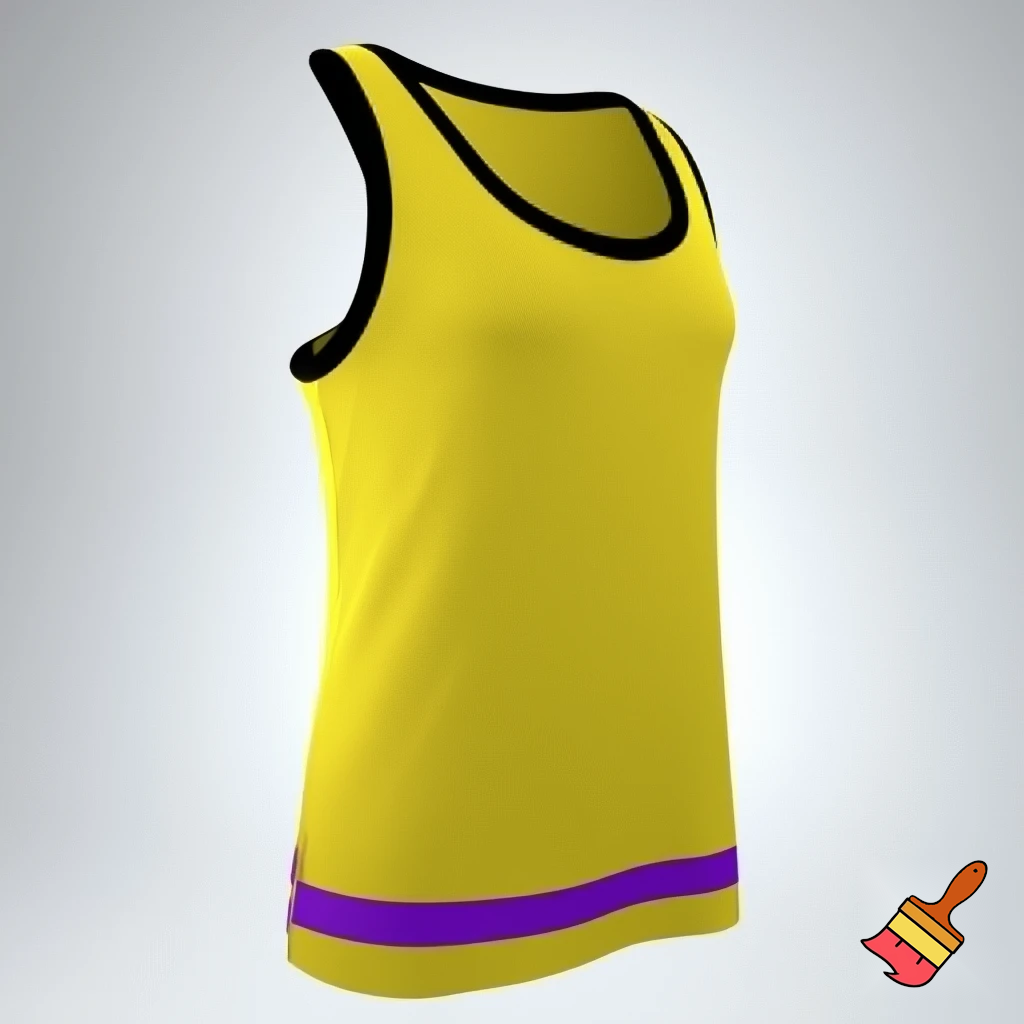 a full view yellow singlet with a black stripe around the edge than a purple one before it 