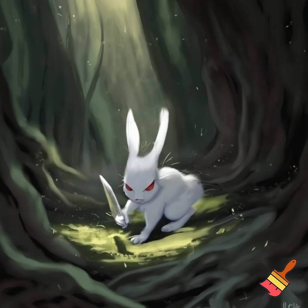 rabbit, red eyes, holding knife, forest