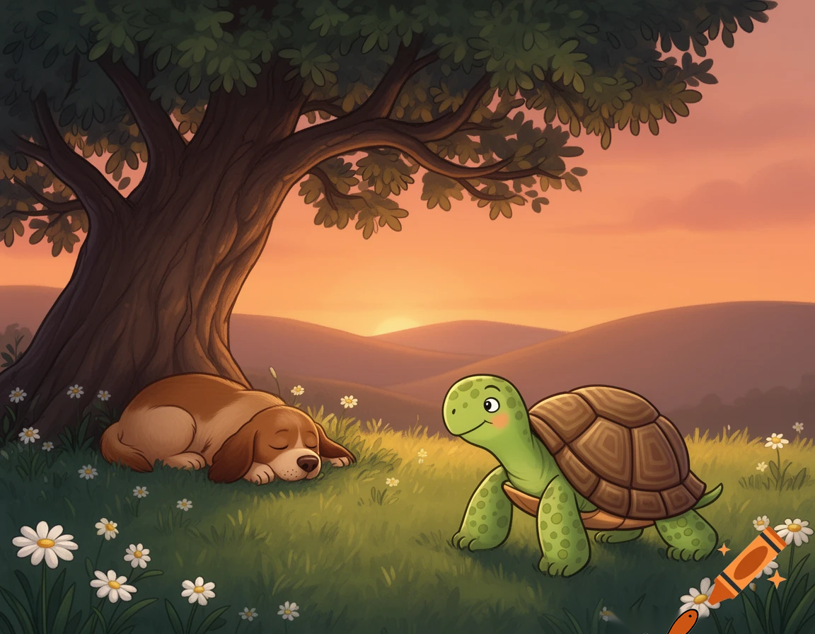 Turtle walking slowly and confidently while dog sleeping under a tree, evening light, peaceful cartoon scene, kids story style
