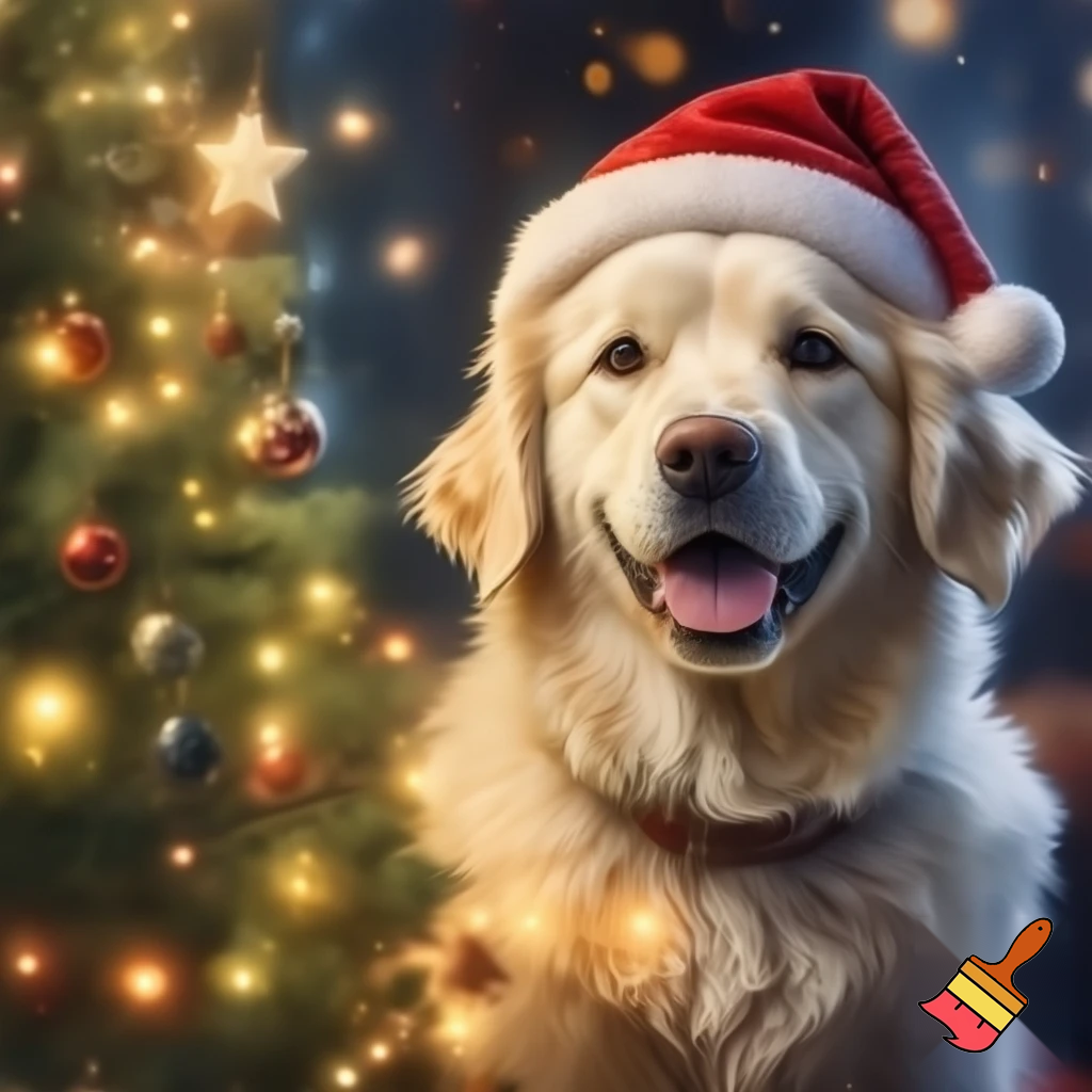 een witte golden retriever met een rode kerstmuts en een kerstboom
