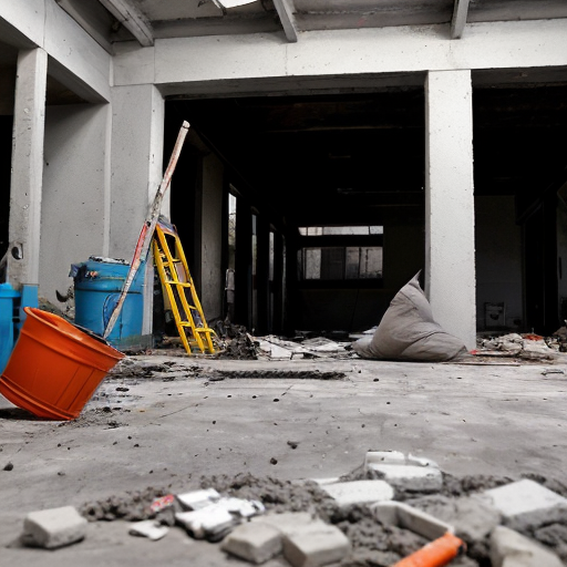 A chaotic construction site. A raw, dark-grey concrete subfloor, severely cracked and spalling. Piles of gray dust, scattered brick debris, an empty sack labeled "CEMENT," discarded paint buckets, and bare, unpainted walls.
