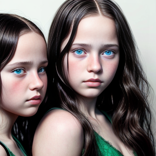 generate 16 year old triplets girls with black long hair and green eyes