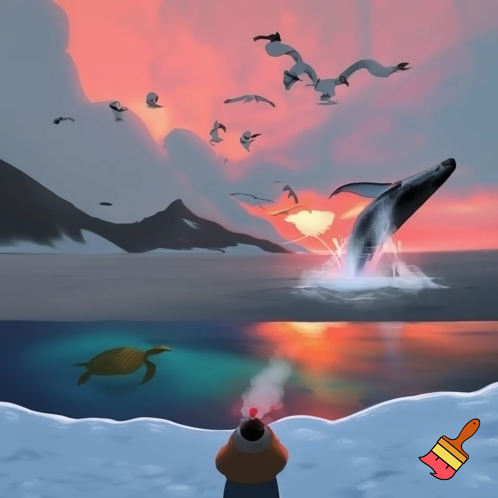 The sky was wrapped in a warm blanket of clouds whilst the sun peeped through.As I looked up,the seagulls cried out loudly as they gracefully flew across the sky.As I began walking across the velvety snow my cheeks turned bright red and my nose began to drip out water.When I opened my mouth a cloud of smoke burst out.

The mountains were grey and black.As I looked into the sky the clouds turned a bright pink and orange as they moved closer together like a happy family.The temperature dropped even lower and my legs felt like they were about to freeze  but i kept walking and didn't give up.The snow went onto my face and my hands started to become even colder but i still didn’t give up.

The waves splashed into the sky and sprayed onto my face.Whilst I wasn't looking a whale splashed out the water and into the sky my stomach dropped in shock.The water was a calm blue and green and I saw a turtle through it.
