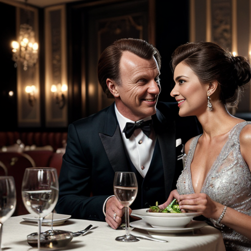 From a comedy film from the 1970s: In a luxury restaurant: An elegant couple is sitting at a table eating dinner. An elegantly dressed, very elderly and stocky waiter stands next to the table and addresses the couple. Elegant ambience, subdued lighting, comical atmosphere.