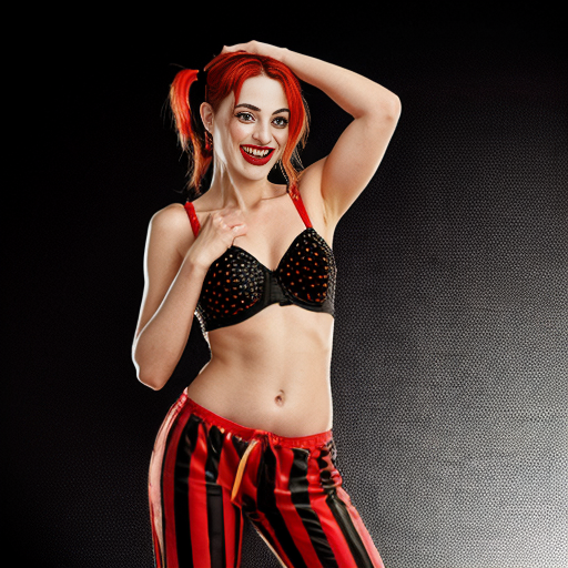 90's disney's 2d aladdin style comic black background and panels of 
panel 1 Harley Quinn with light black and red striped harem pants and bra and black and red curved slippers with both hand palms place together and hiding the bottom of her mouth with a light black and red striped veil wrapped around her arms and shoulders. 
panel 2 she danced with light black and red striped harem pants with light black and red striped bra and red and black curved slippers and with light black and red striped veil wrapped around her arms and shoulders and raising legs and bounced up and down her belly and shook her hips left and right. 
panel 3 as Harley Quinn with light black and red striped harem pants and bra and red and black curved slippers and with red and light black striped veil wrapped around her shoulders and arms and spreading her arms, happily revealing her face to the viewer and giving a smile as she shook her belly left and right. 
Panel 4 Harley Quinn with light black and red striped harem pants and bra and black and red curved slippers and with light black and red striped veil wrapped around her shoulders and arms has started to fading away , except her belly, which is bouncing around and growing. 
Panel 5 then the ball transforms into the fading in belly of Giant red haired giganta barefoot with dark yellow spotted yellow harem pants and bra and dark yellow spotted yellow veil wrapped around her arms and shoulders with her swaying her hips. 
Panel 6 red haired giganta barefoot with dark yellow spotted yellow harem pants and bra and dark yellow spotted yellow veil wrapped around her arms and shoulders then she is flexing her muscled arms.