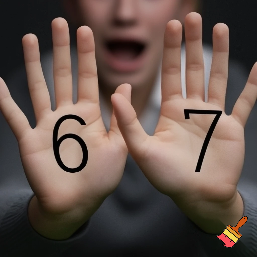 The number  6 7 on a person's hands while the person's mouth hangs open in a weird unlocked position. 