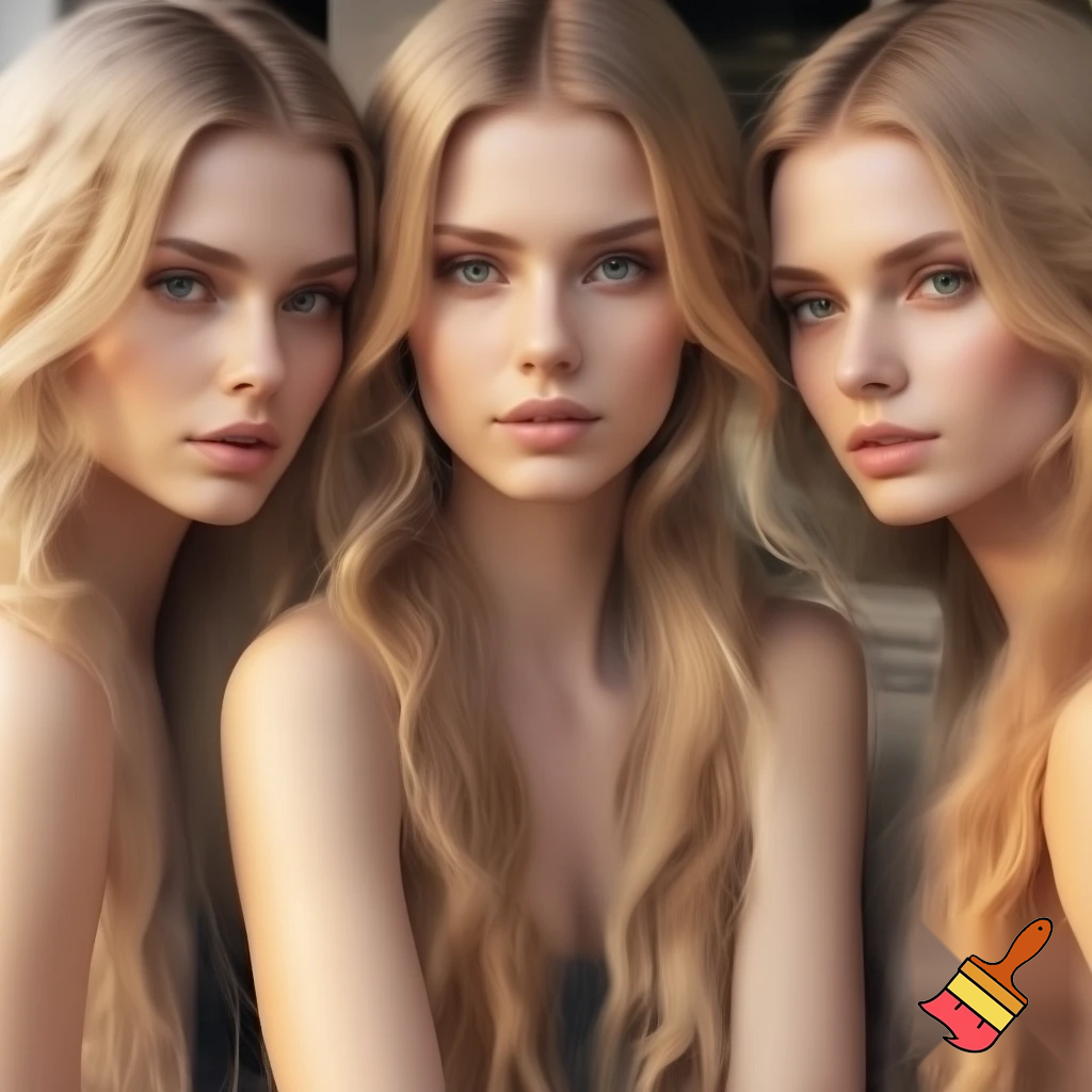 Make a hyper realistic photo of identical triplets who are beautiful, attractive women in their early 20s. They should have white skin, long blonde hair, green eyes, and a big bust.
