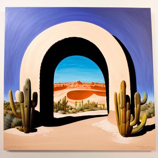 Paint and desert arch with multiple abstract figures in Tanguy style