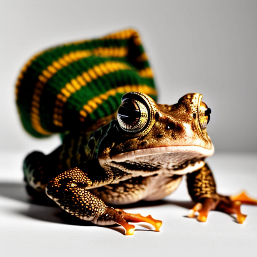 A laughable, puzzled animal toad in woolen, multicoloured winter clothings with woolen winter cap. Hyperrealistic art style.