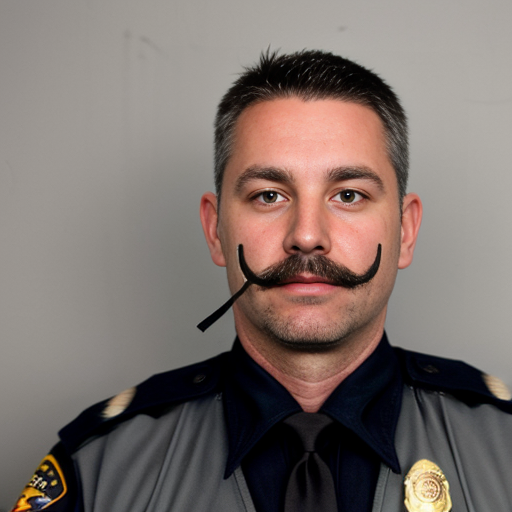 40 year old cop with long black hair tied down, a big black mustache with a gray streak in it, green eyes, and a mole on his cheek.