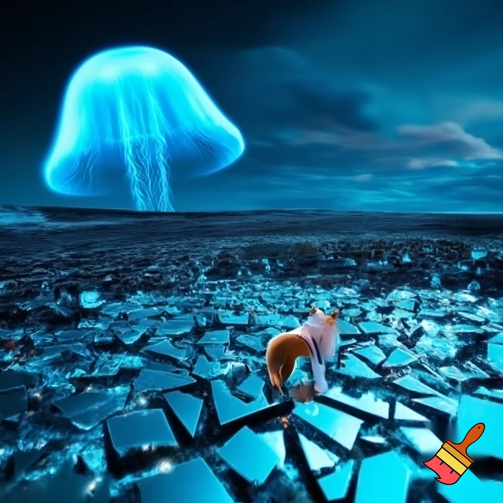 a surreal desert made of broken mirror shards, neon blue reflections everywhere, a tiny red fox in the middle wearing a half–transparent raincoat, sun is a gigantic jellyfish floating in the sky, sandstorm looks like glitch pixels, cinematic lighting, hyper realistic, 8k, wide angle, filmic mood, unreal engine look, photo taken by a drone
