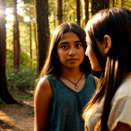 “Spirit Yuruparí emerging from golden light, speaking to a teen girl in the forest.”