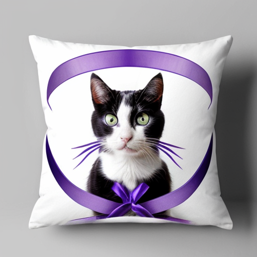 Cat with purple ribbons on a purple pillow on a white background

